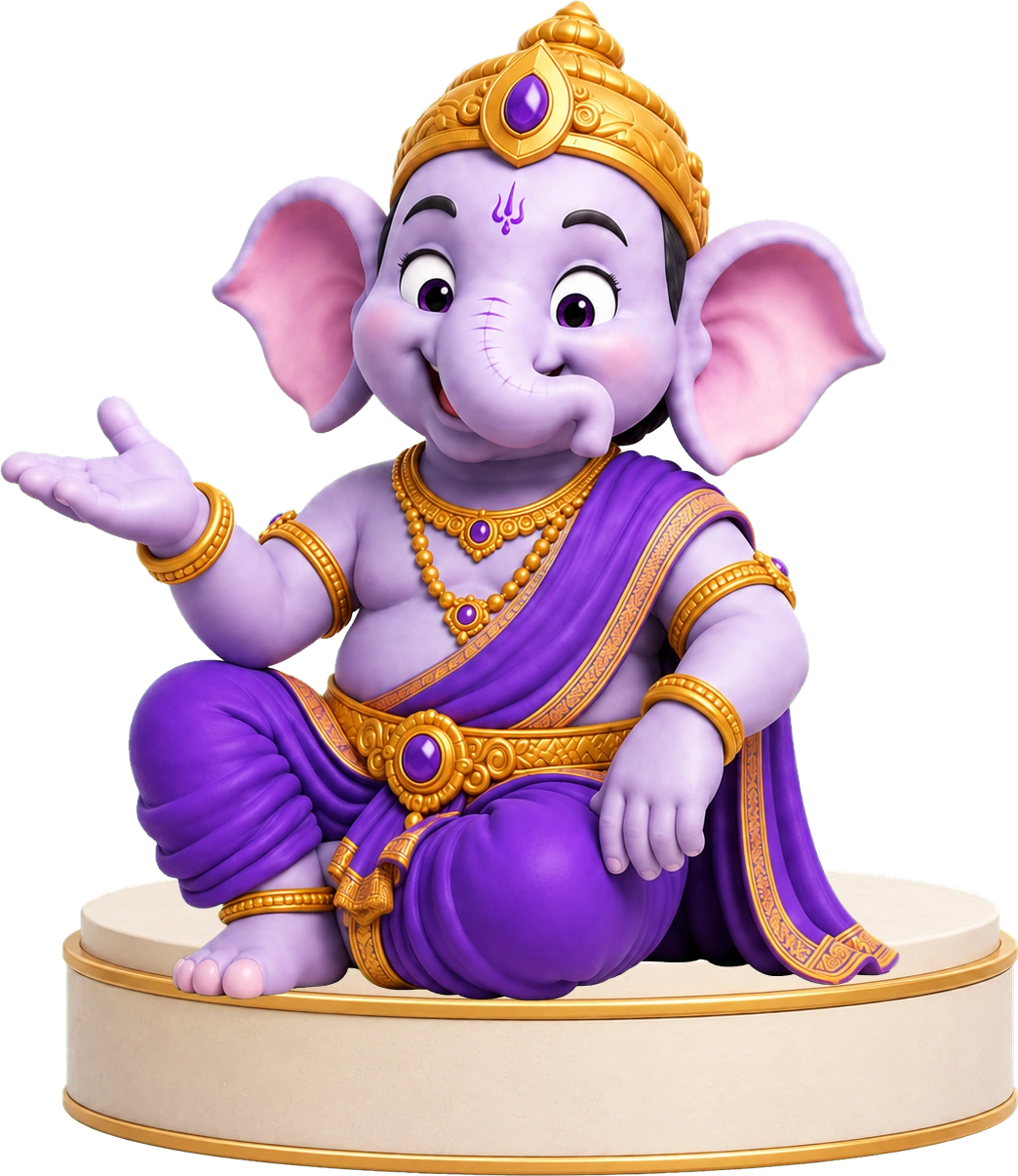 Ganesha, o guia do produto, sentado em um pedestal com a mão aberta